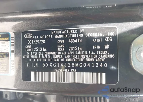 2021 Kia K5 Lxs z USA, uszkodzony, nr VIN 5XXG14J28MG041340